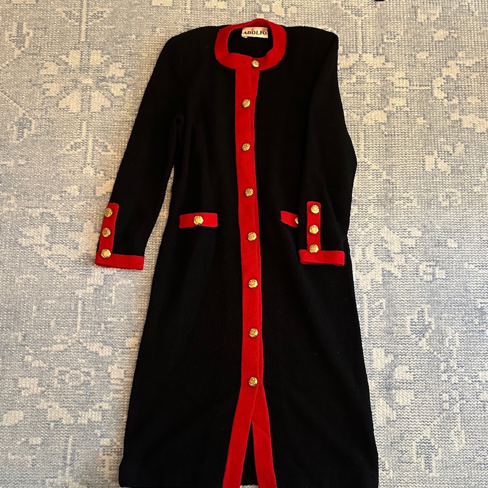 Adolfo Black Dress with Red Trim and Gold Buttons